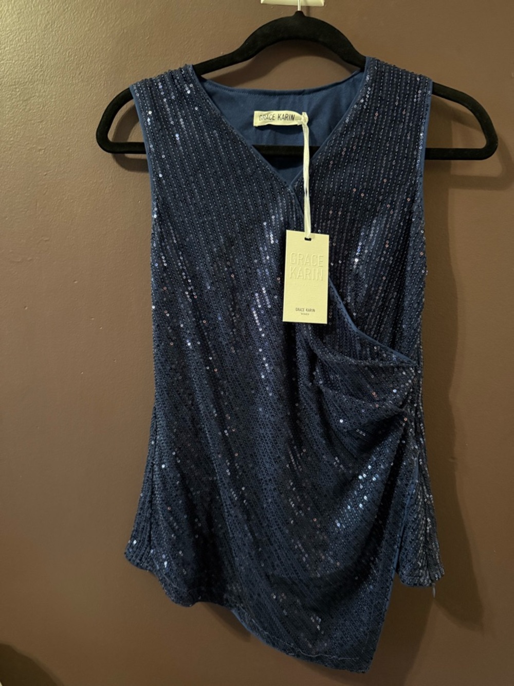 Grace Karin Navy Sequin Wrap-Style Sleeveless Top